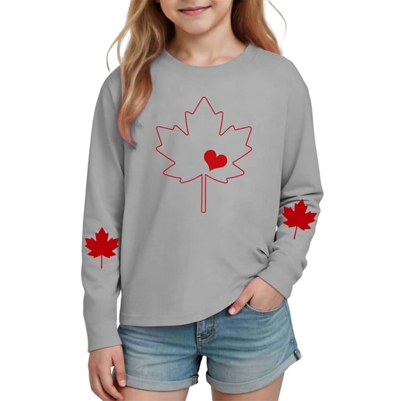 FAVIPT Kids Long Sleeve Tshirts Boys Girls Maple Leaf Print Crewneck Tees Casual Cute Comfortable Pullover Tops Gray,4 Years