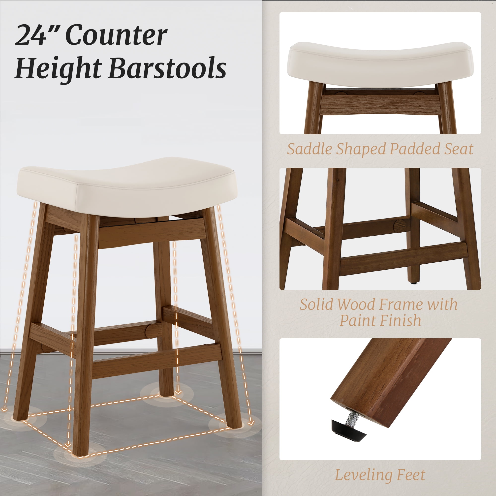 Dycanpo Saddle Seat Counter Height Bar Stools Set of 3 for Kitchen, Dining, 24in, Antique White-Faux Leather