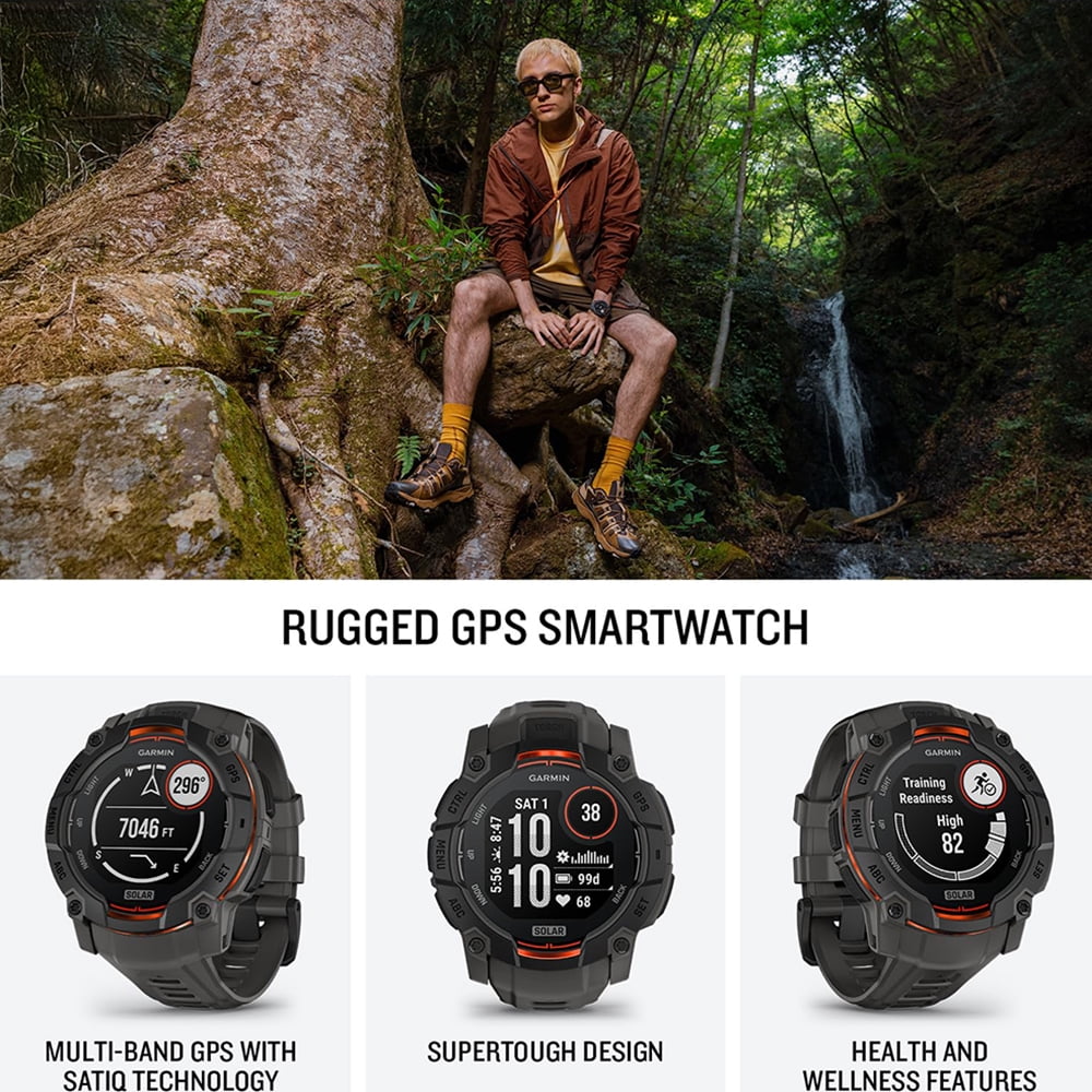 Garmin Instinct 3 50 mm Outdoor GPS Smartwatch SOLAR, Black w/ Charcoal Band Bundle with Deco Essentials Charging Dock for Venu 3 + Silicone Dust Cover + Tempered Glass Screen Protector (2-Pack)