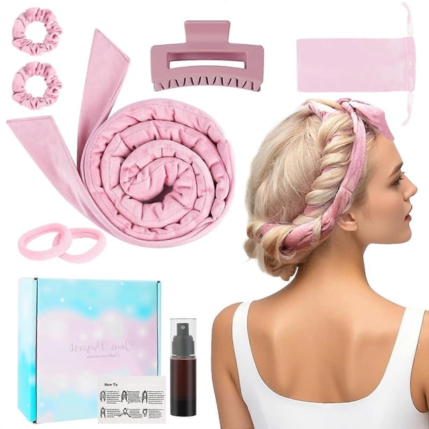 Conjunto de diadema rizadora sin calor, rulos suaves para dormir, para mujer, color rosa.