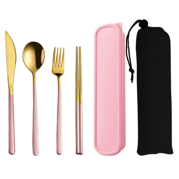 Suizaomo Portable Utensils Set with Case & Mesh Pouch, 4pcs Stainless Steel Reusable Silverware for Work School, Travel Cutlery Set, Fork and Spoon Set for Camping Picnic (Pink)