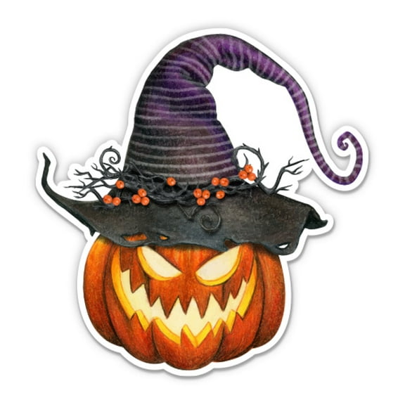 Pumpkin in Witch Hat Jack O Lantern Spooky Halloween - 3" Vinyl Sticker - For Car Laptop Water Bottle Phone - Waterproof Decal