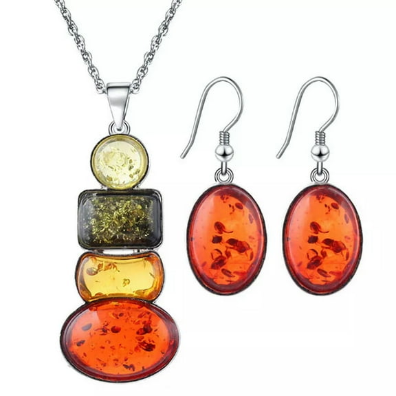 HOOUN Fashion Women~s Silver Plated Amber Party Necklace Earrings Jewelry Sets-lq@