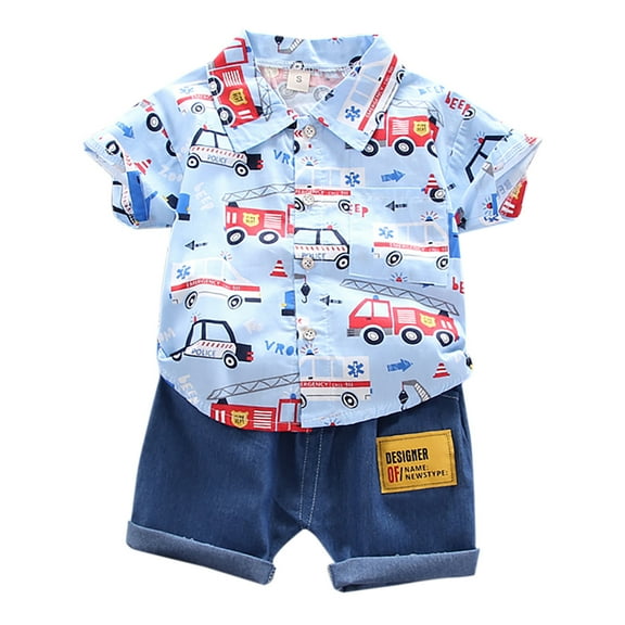 Baby Boy Summer Clothes Cartoon Car Prints Toddler Summer Short Sleeve Lapel Shirt and Shorts 2Pcs Thin Breathable Outfit Little Brother Outfit Blue 2 Years-3 Years