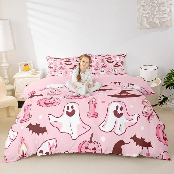 Homewish Pastel Halloween Ghost Bedding,Bat Candle Pumpkin Pattern Duvet Cover Full,Light Pink Brown,Pink Reversible,3pcs,1 Duvet Cover and 2 Pillowcases