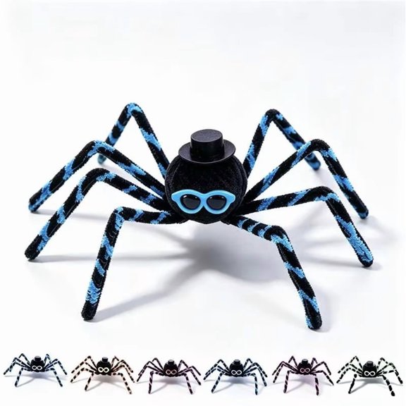Halloween Decorations Indoor Cool Plush Black Spider with Mini Top Hat Blue Sunglasses Funny Bendable Novelty Tabletop Ornament Spooky Party Scene Decor
