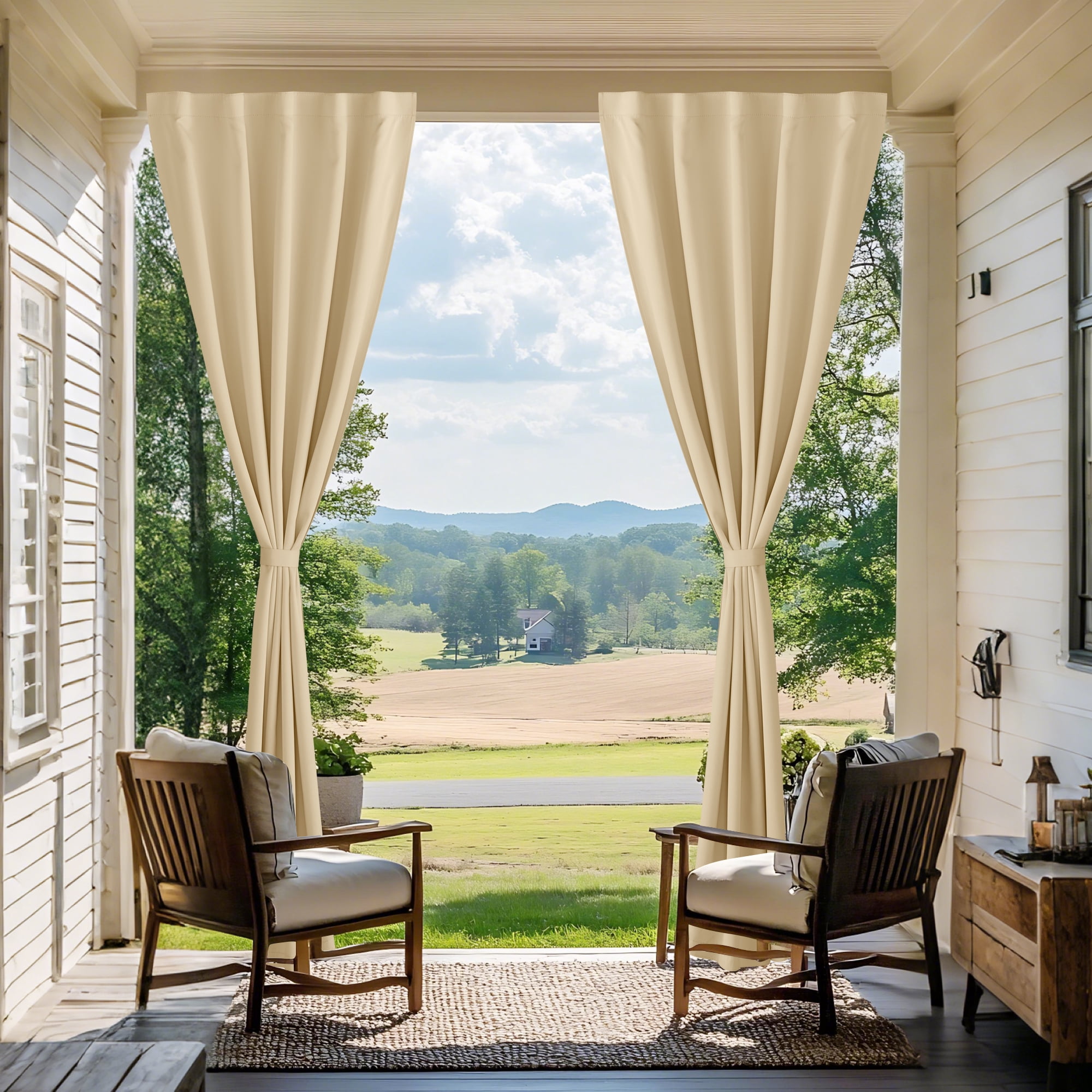 NICETOWN 2 Panels Rod-Free Outdoor Curtain for Patio Waterproof, Sticky Top & Backtab Bottom with Free Rope Windproof Privacy for Gazebo/Porch, Biscotti Beige, W52 x L84
