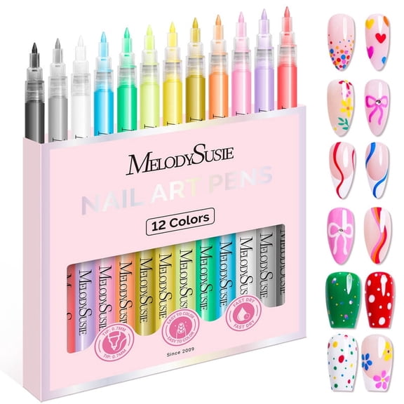 MelodySusie 12-Color Nail Art Pens Set, 0.7mm Fine Tip Drawing Pens for Nail Design, Salon and Home DIY