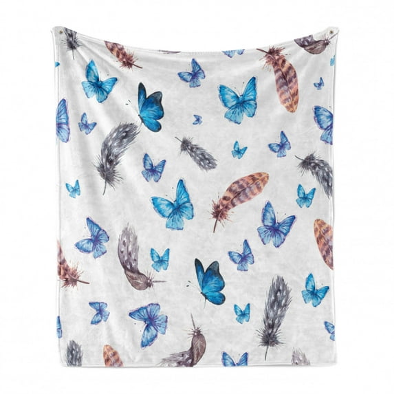 Butterfly Soft Flannel Fleece Throw Blanket, Feathers and Butterflies Watercolor Style Image Print Vintage Style Print, Cozy Plush for Indoor and Outdoor Use, 60" x 80", Blue White Grey, by Ambesonne