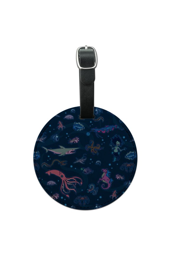 Creepy Deep Sea Creatures Pattern with Mermaid Squid and Shark Round Leather Luggage Card Suitcase Carry-On ID Tag