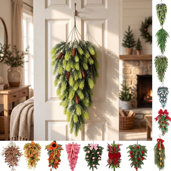 Clearence! Christmas Garland Artificial Pine Teardrop Swag Hanging Door Decoration Pine Cones Holiday Decor Wreath Alternative Mantle Staircase Railing Porch Entryway Ornament
