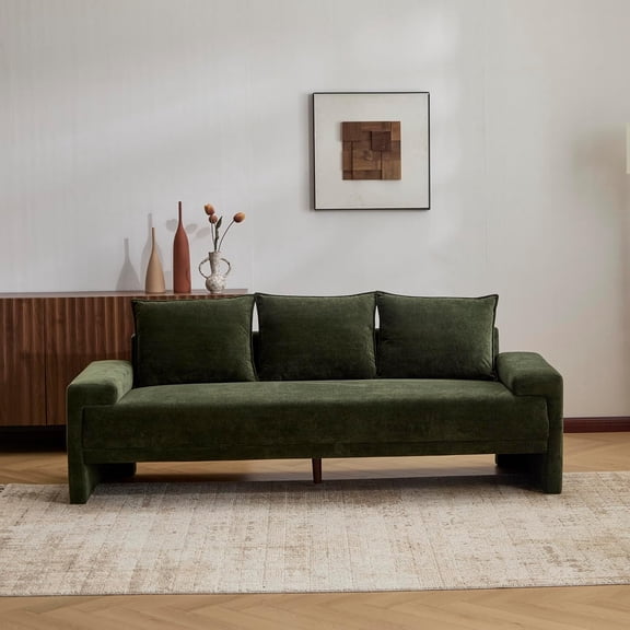 YWEN 84" Upholstered with 3 Back Pillows, Modern Fabric 3-Seater Sofa, Cozy Oversized Loveseat with Low Armrest, Spacious Lounge Seating for Living Room Home Rest, Green