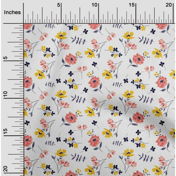 oneOone Polyester Lycra White Fabric Leaves & Flowers Floral Sewing Fabric By The Yard Printed Diy Clothing Sewing Supplies 56 Inch Wide