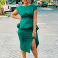 thumbnail image 4 of Women's Elegant Basic Bodycon Ruffle Flared Solid Crew Neck Pencil Midi Dress, 4 of 5