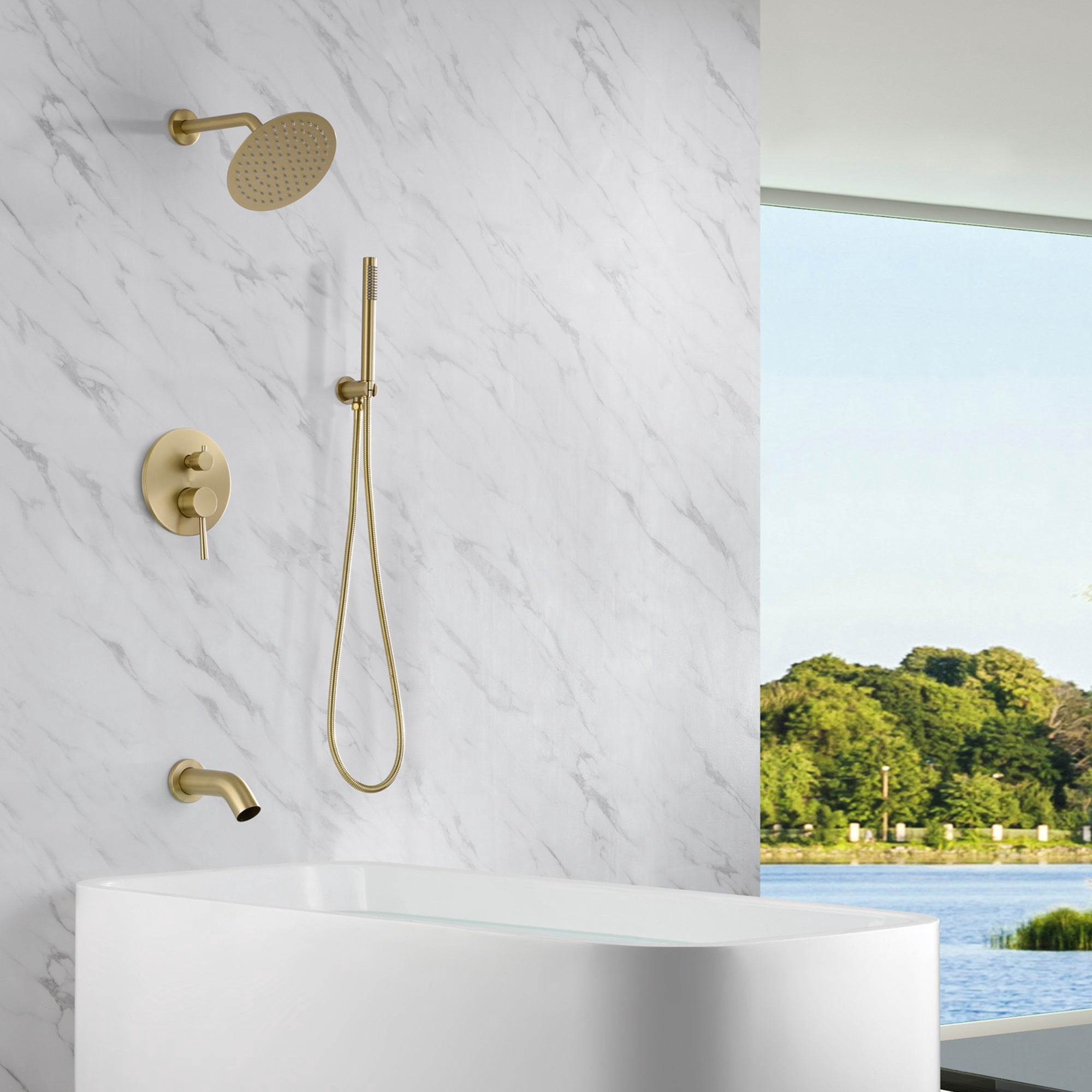 SUMERAIN Shower System with Tub Spout and Handheld Shower, Brass Rain Shower Tub Set with 8 Inches Shower Head and Rough in Valve Brushed Gold