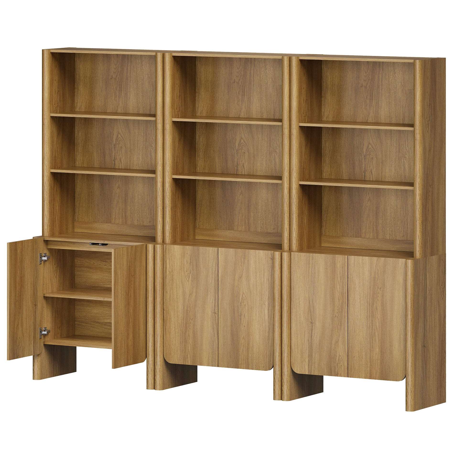 94.5-Inch Modern French Bookcase with Curved Edges, Doors and Open Shelves, 72.8" Tall, Walnut
