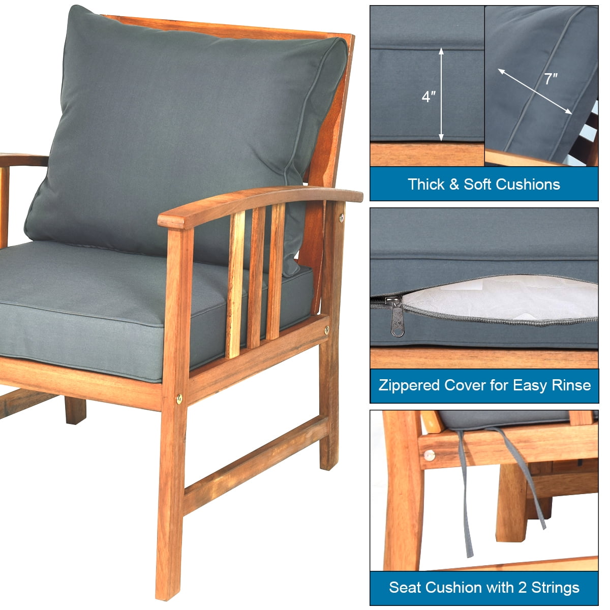 Costway 4PCS Wooden Patio Furniture Set Table Sofa Chair Cushioned Garden NEW