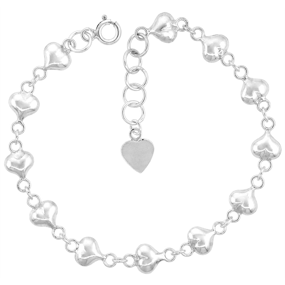 Sterling Silver 3.8 MM Polished Puffed Heart Charm Bracelet 7