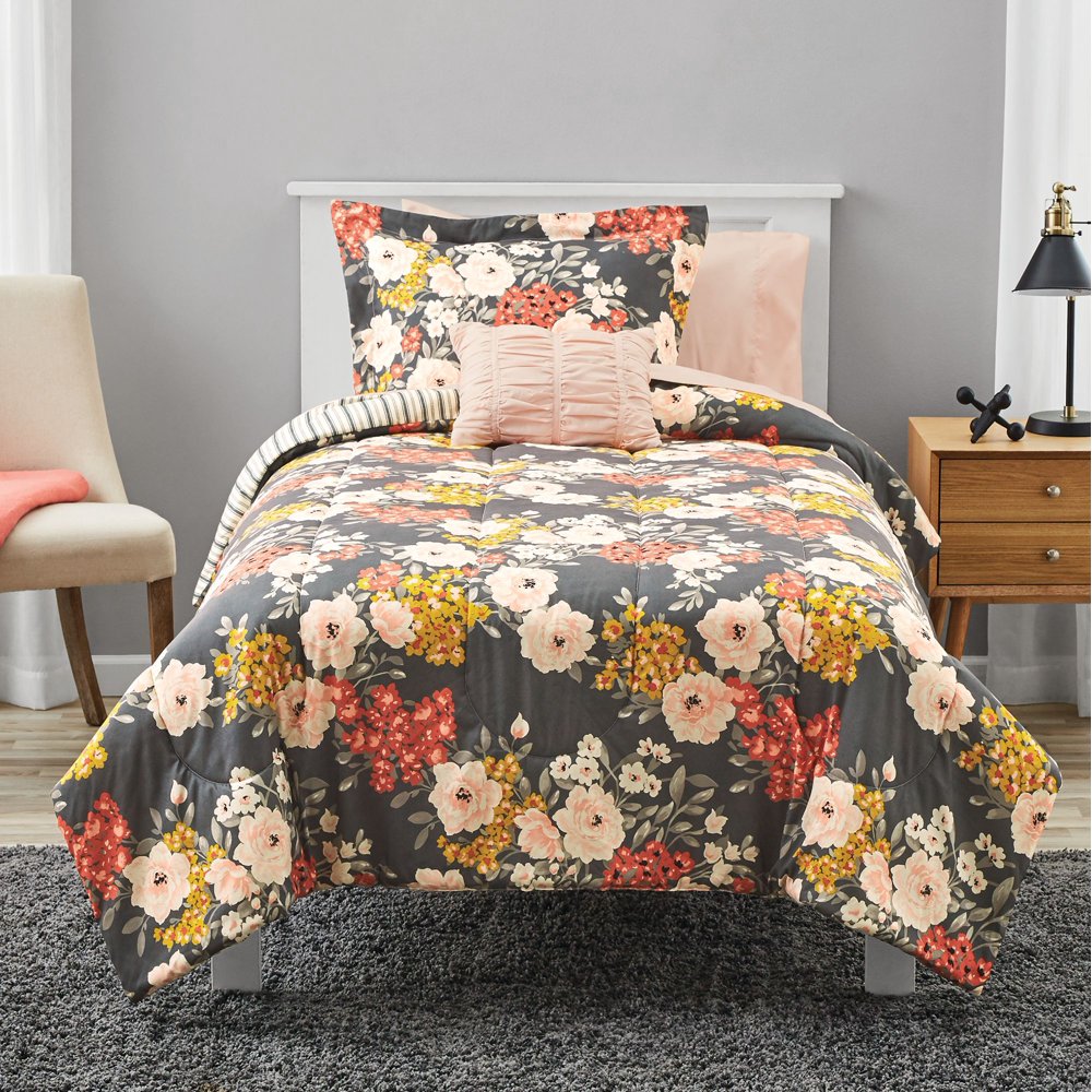 Mainstays Grey Floral Bed In a Bag Comforter Bedding, Twin/Twin XL