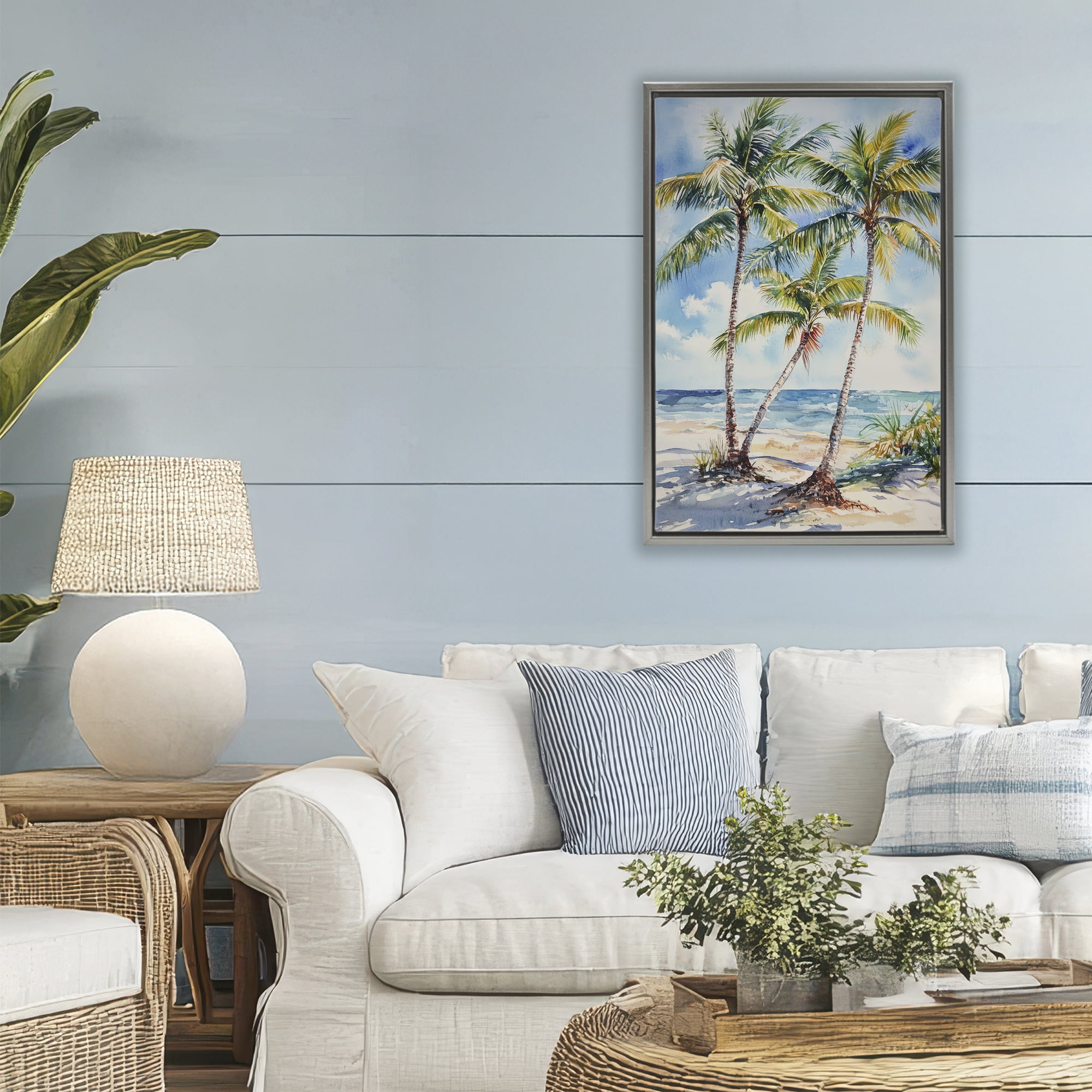 Stupell Industries Windy Palm Trees on Shore Gray Framed Floater Canvas Wall Art, design by Petal Prints Design