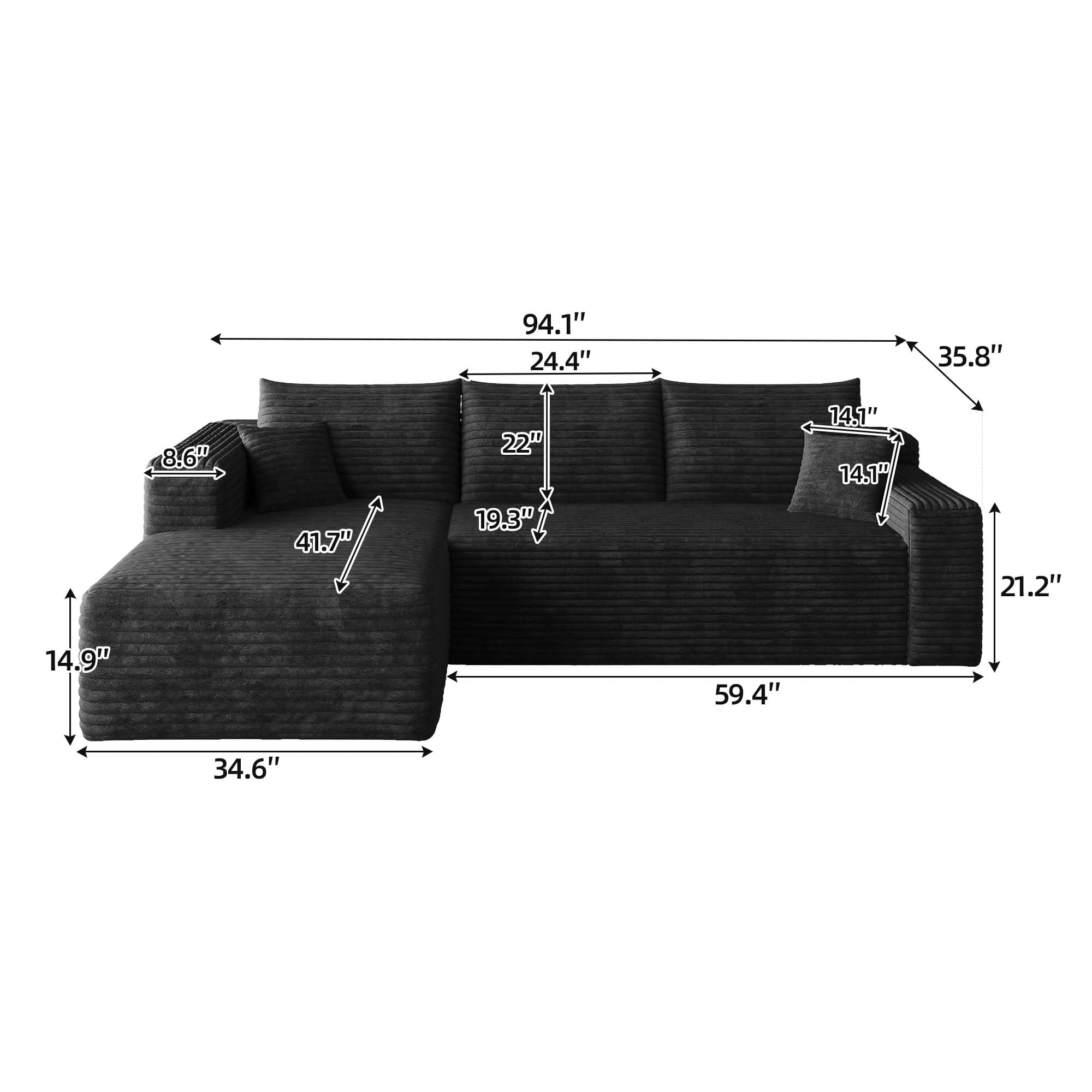 MAYEERTY 95 Inch L‑Shaped Cloud Sectional Sofa, Modern Minimalist Deep‑Seat Corner Couch, Plush Corduroy Upholstered Reversible Sofa, No‑Assembly Required for Living Room Bedroom Apartment