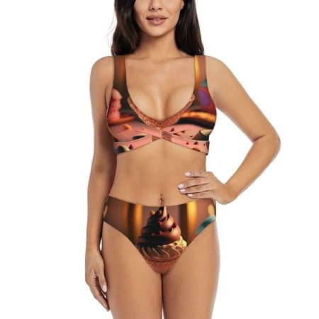 Zeuib Colorful Cake Ice Cream High Waisted Tummy Control Bikini Set - Knot Front Push Up Top & Cheeky Thong Bottom  Two-Piece Swimsuit for Women-XX-Large