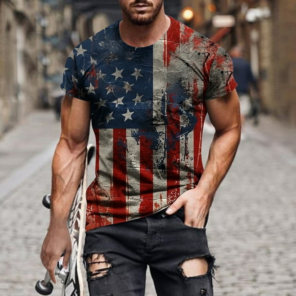 CFLVAEK Independence Day T Shirts for Men Vintage American Flag Graphic Tees Loose Short Sleeve Crewneck T Shirt Big and Tall 4th of July Tops M