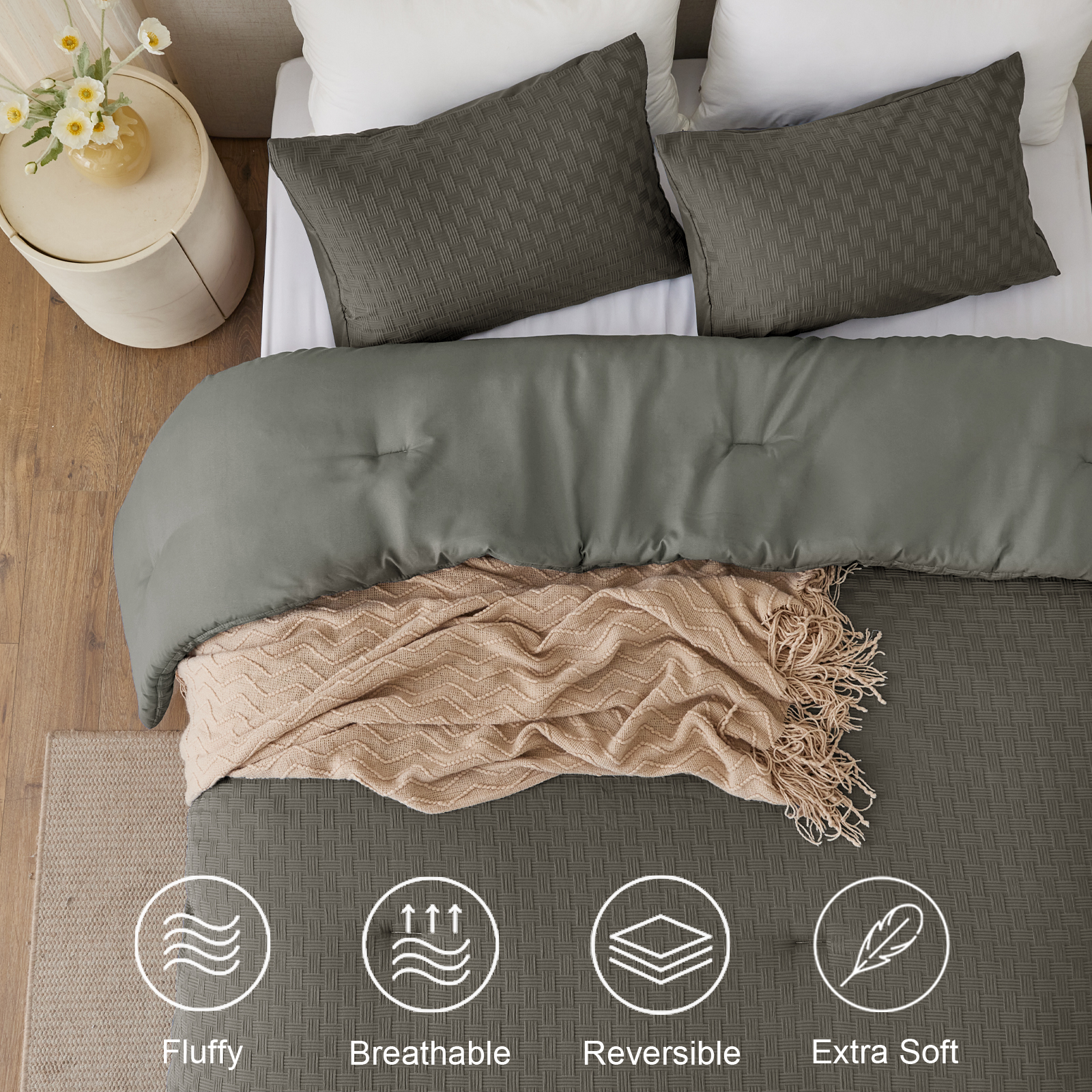 Whale Flotilla 3-Piece Jacquard Braid Ultra Soft Queen Comforter Set, Luxury Reversible Microfiber Comforters Full Size Bedding Set with 2 Pillowcases, Lightweight Duvet for All Seasons, Deep Grey