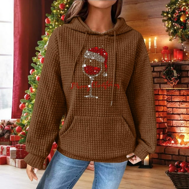 Chandails d'Hiver Grande Taille pour Femmes Chandails Décontractés à Col Rond Manches Longues Imprimé de Noël Chandail à Capuchon Amusant Café TTTG