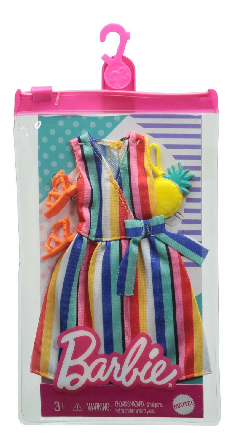Coffret Tenue Barbie comprenant robe à rayures, sac à main ananas et sandales, vêtements pour poupées