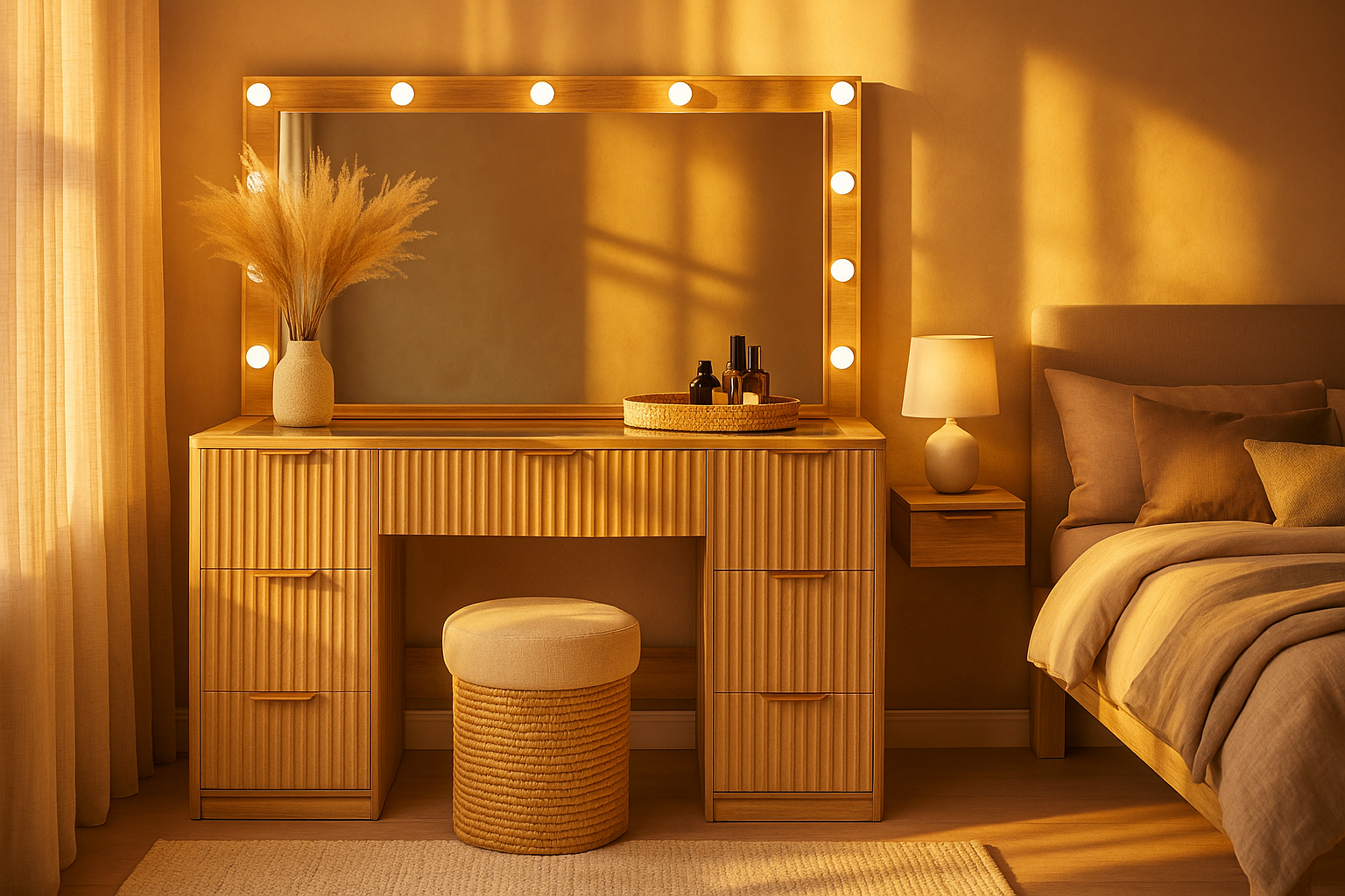 Merluxy 47.2" Girls Vanity Desk with Large Mirror and Adjustable LED Lights, 7 Drawers Makeup Table with Glass Top and Charging Station, Oak