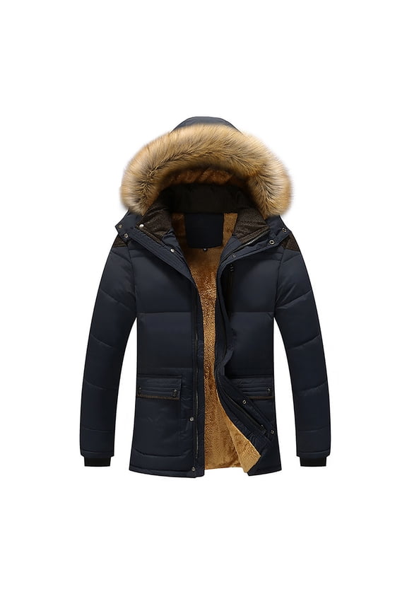 Plus Size Fleece Jacket for Men, Winter Windproof Thermal Coat with Removable Hood, Padded Heavy Outercoat Dark Blue M