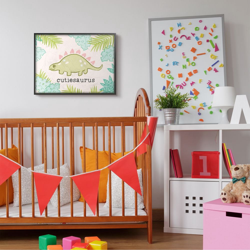 Stupell Industries Cutiesaurus Dinosaur Kids Pink Green Design Framed Wall Art by Daphne Polselli
