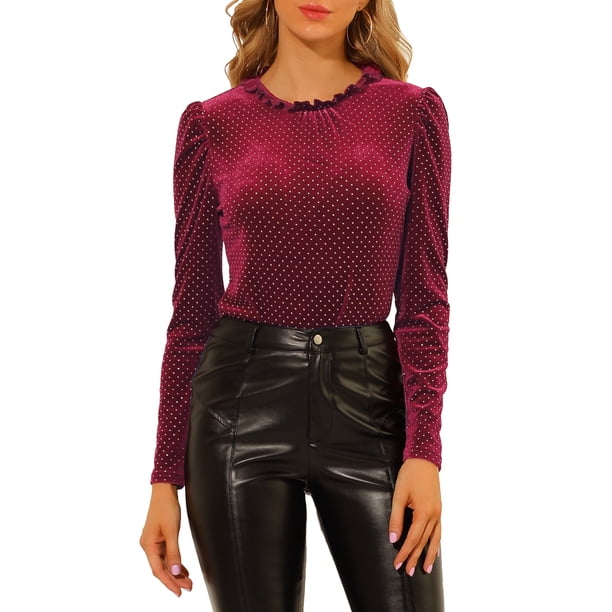 INSPIRAR CHIC Blusa de Cuello Volante para Mujer con Mangas Largas de Puff Top de Terciopelo con Puntos Metálicos XL Burdeos