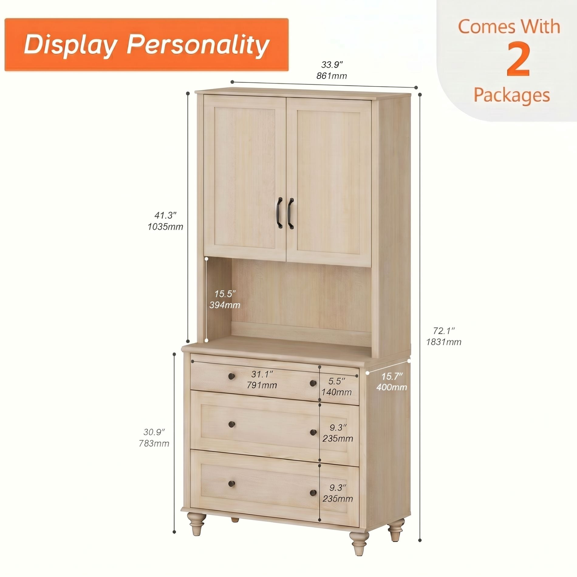 72"H × 34"W Modern Farmhouse Wooden Library Bookcase with Wood Doors & 3 Drawers, Freestanding Storage Bookshelf for Living Room, Office & Study Room, Beige