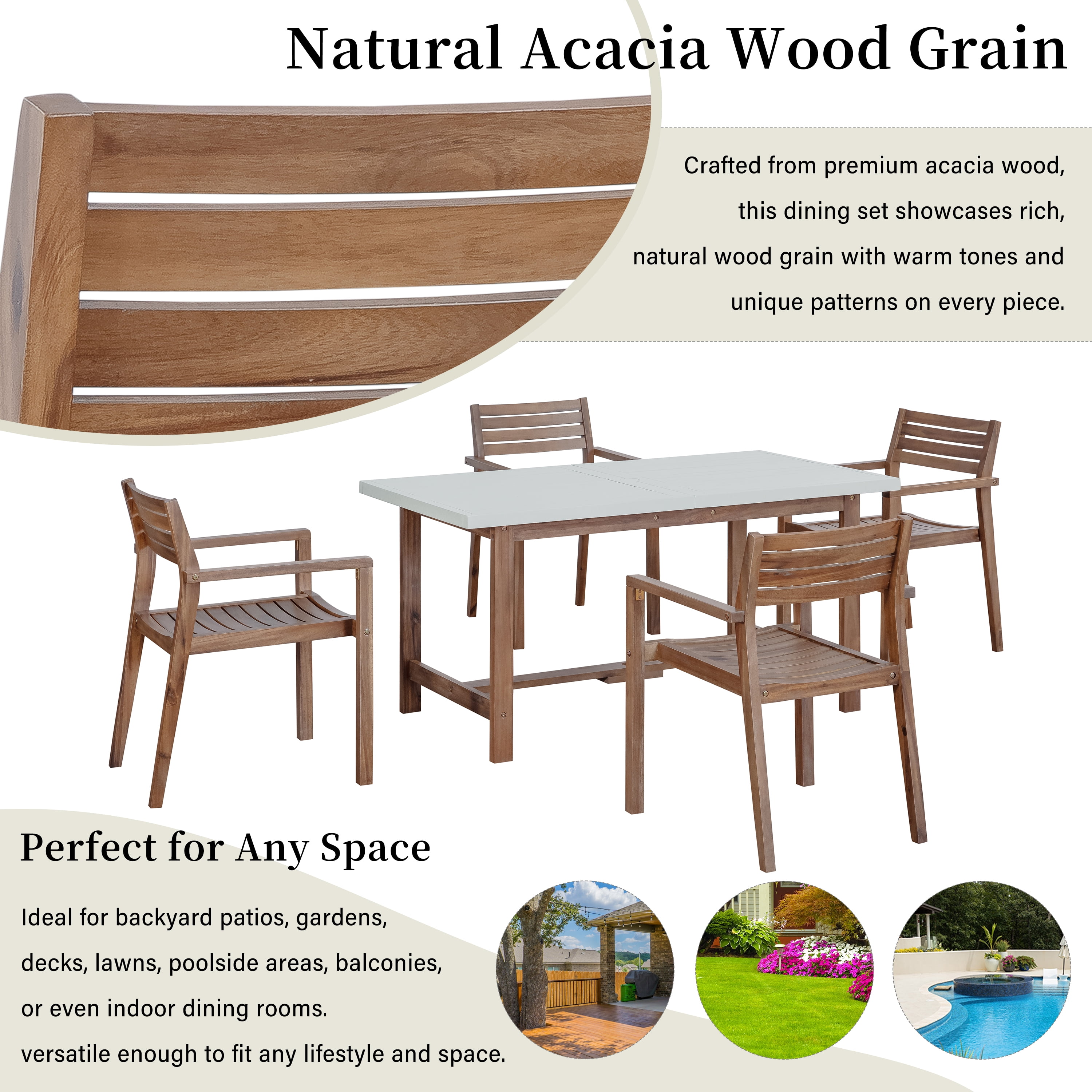 Mintazer 59" 5-Piece Outdoor Dining Set with Chairs & Umbrella Hole, Patio Furniture Set for Garden Backyard Poolside, Brown & Beige