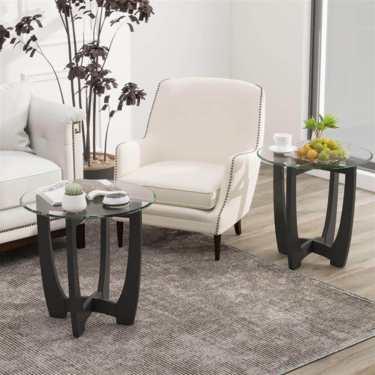 Demi Bonn Round Sofa Side Table, End Table with Tempered Glass Tabletop, for Small Spaces, Living Room, Bedroom, Black
