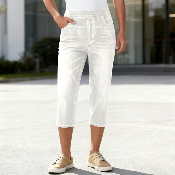 ClodeEU Women's Faux Denim Slim Fit Elastic Waist Capri Pants with Pockets, Casual Cropped Trousers White,Womens Plus XL