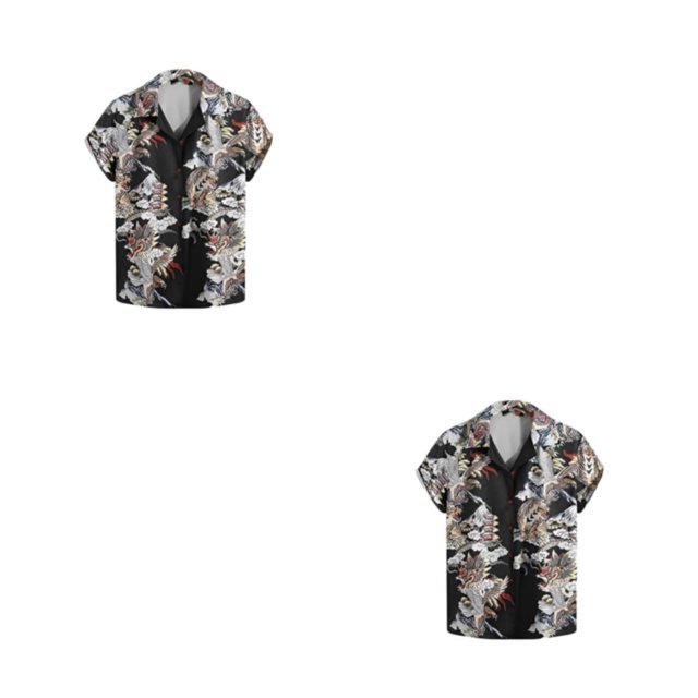 Minnieouse Camiseta de manga corta con estampado de dragón chino, ropa de calle con cuello vuelto, Top de solapa de verano, ropa informal S 2piezas