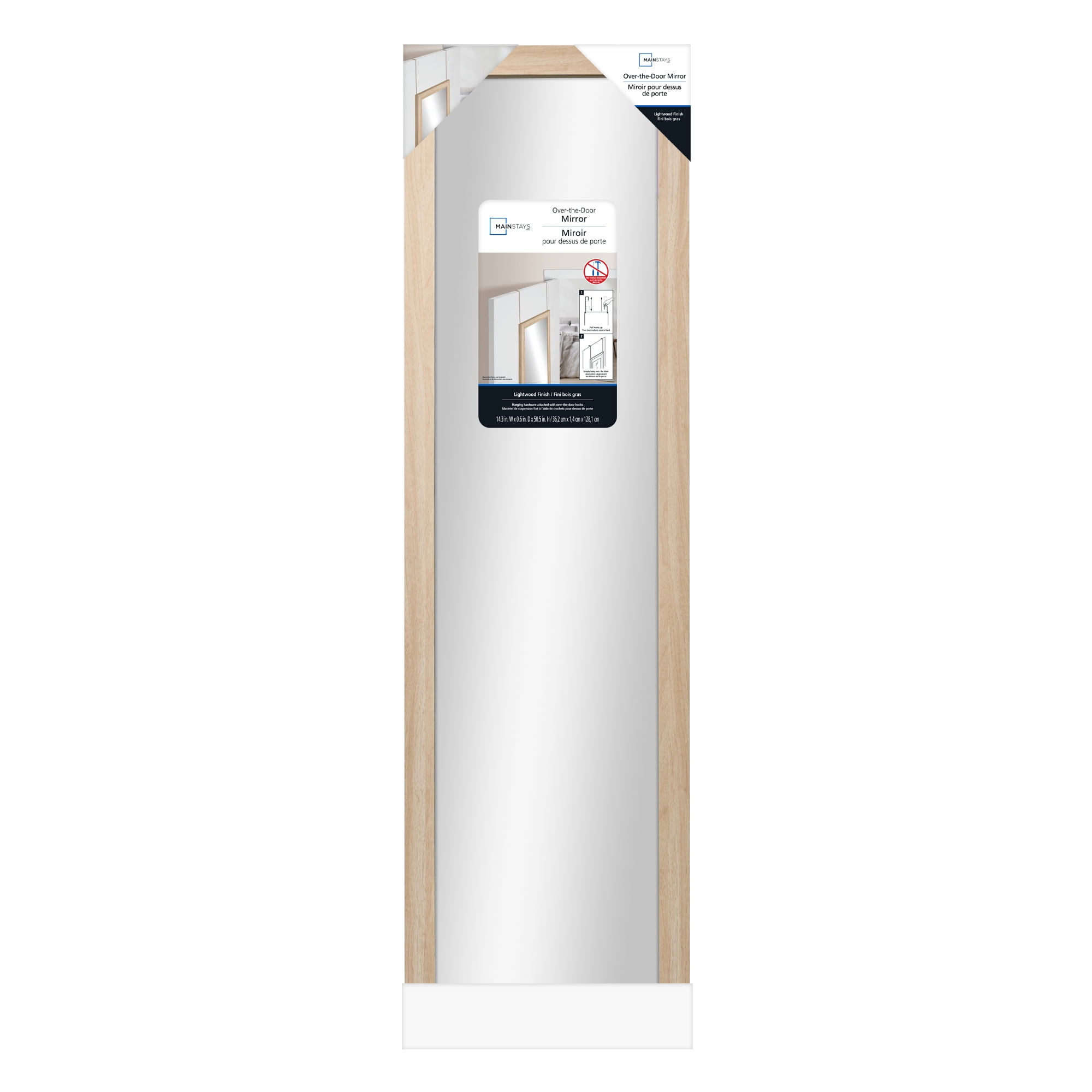 Mainstays Art Gallery Over the Door Framed Mirror, Full Length Mirror with Two Hooks, Lightwood-Look finish, 14.25x50.45in