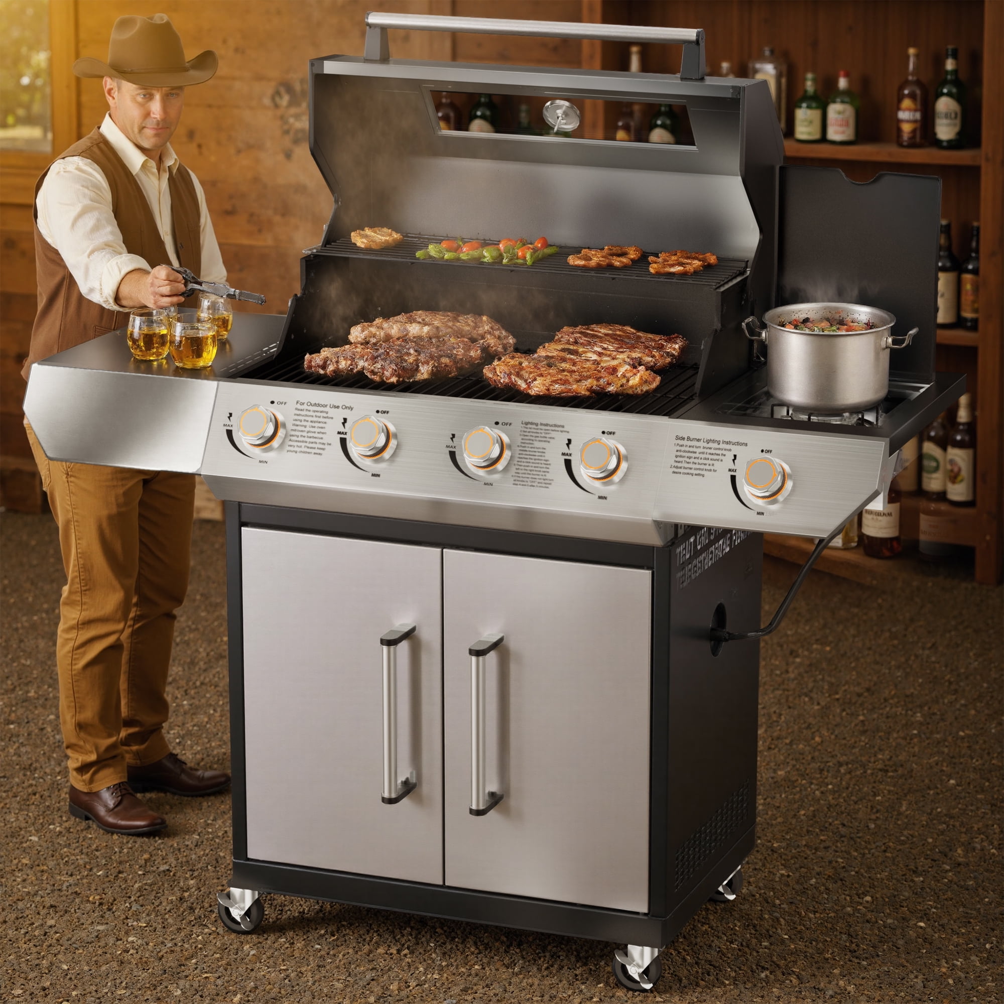 SKOK 4-Burner Gas Grill 60000 BTU, 629 sq in Cooking, LED Knobs, Side Burner, Porcelain Grates, Glass Panel, Outdoor