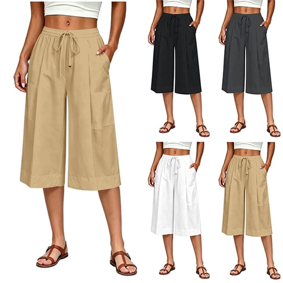 Miluxas Women's Plus Size Wide Leg Capri Pants High Waist Drawstring Business Casual Loose Cropped Culottes with Pockets Lightweight Breathable White