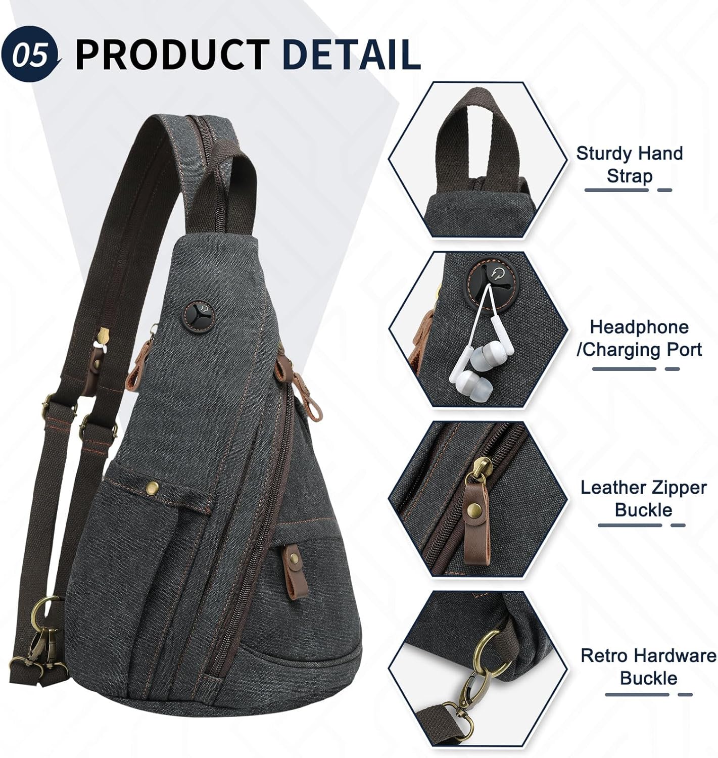 Vintage Canvas Sling Bag with Genuine Leather Zipper, 3 in 1 Crossbody, Backpack, and Chest Bag, for Travel, Hiking, 16x10x6 Inches