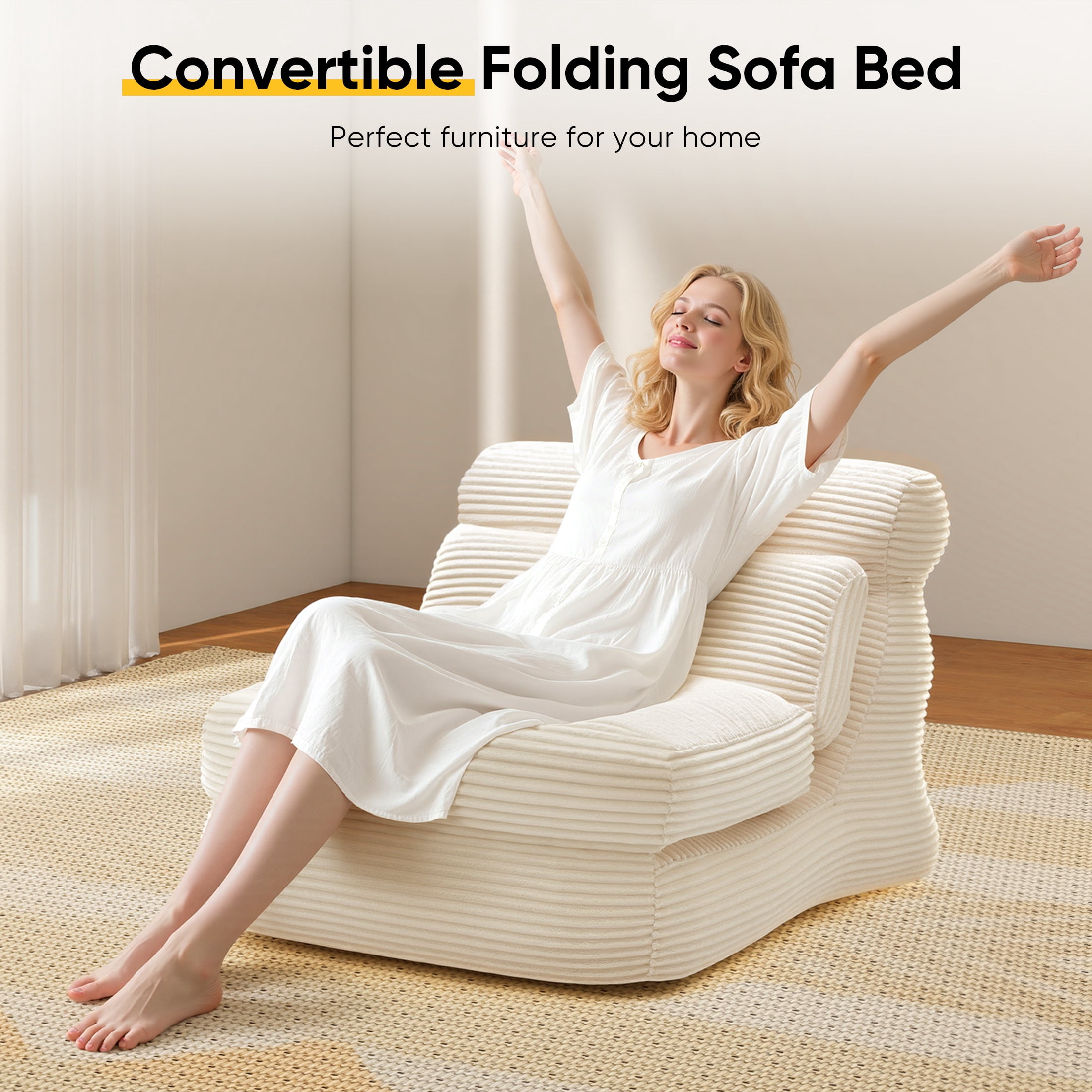 edx 3-in-1 Convertible Bean Bag Chair Bed, Multi-functional Floor Sofa with Back Support, Portable Lazy Lounger & Sleeper, High-Density Foam Gaming Chair for Adults, No Assembly, White