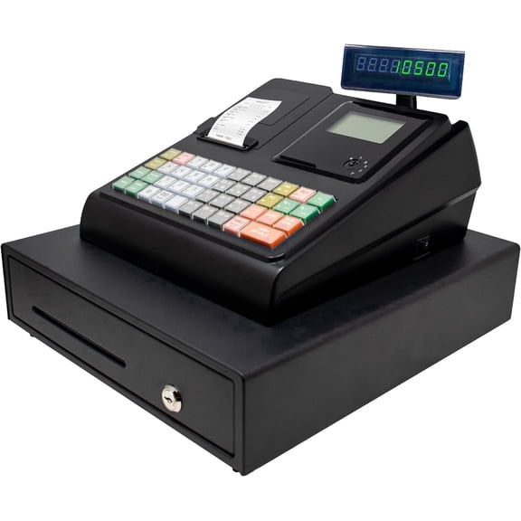 Electronic Cash Register with Cash and Coin Drawer, Quick Load Thermal Printer, 50 Dept 50 Clerks, 4700 Lookups, Black