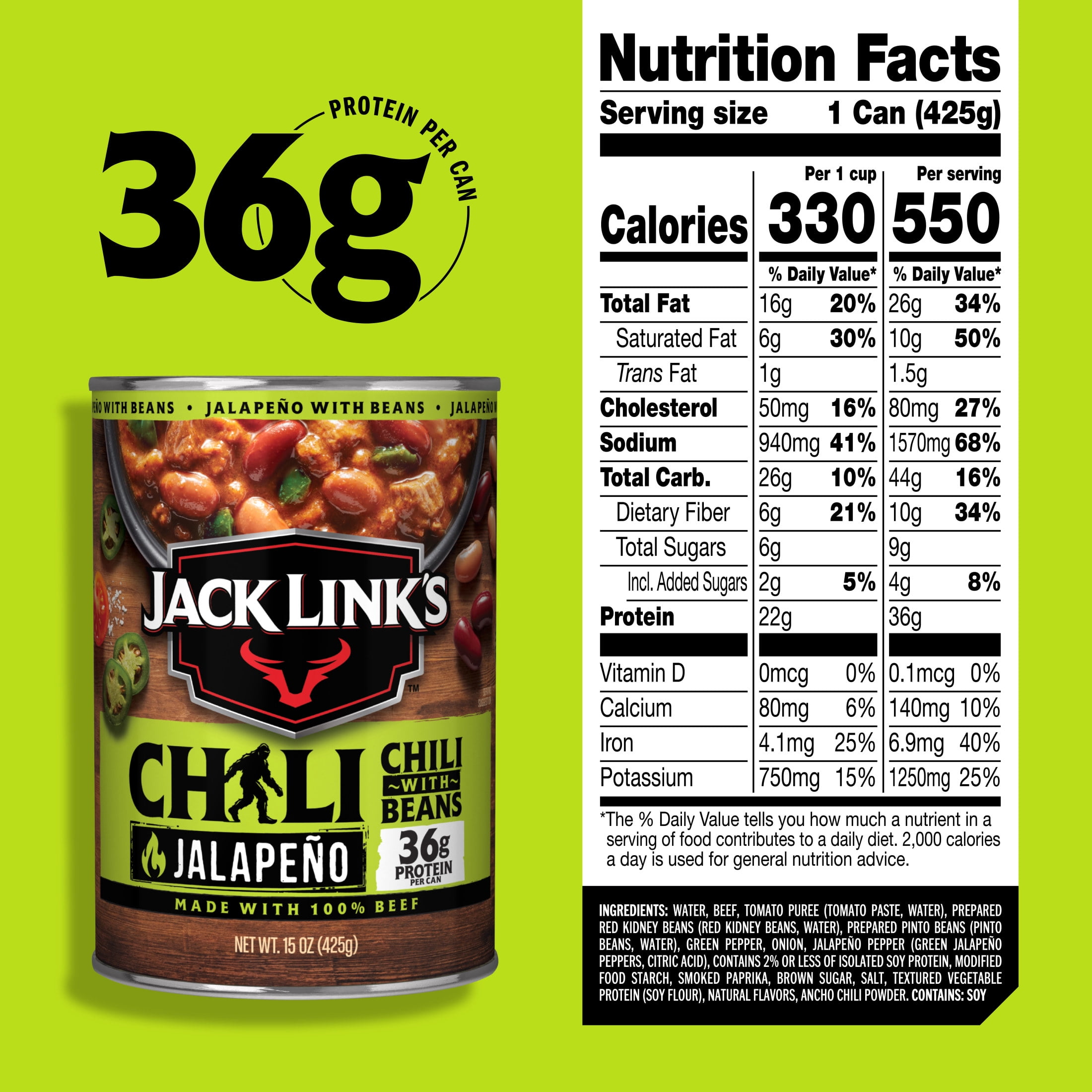 (12 pack) Jack Link's Jalapeno Chili with Beans, 15 Ounce Can, 36 Grams of Protein