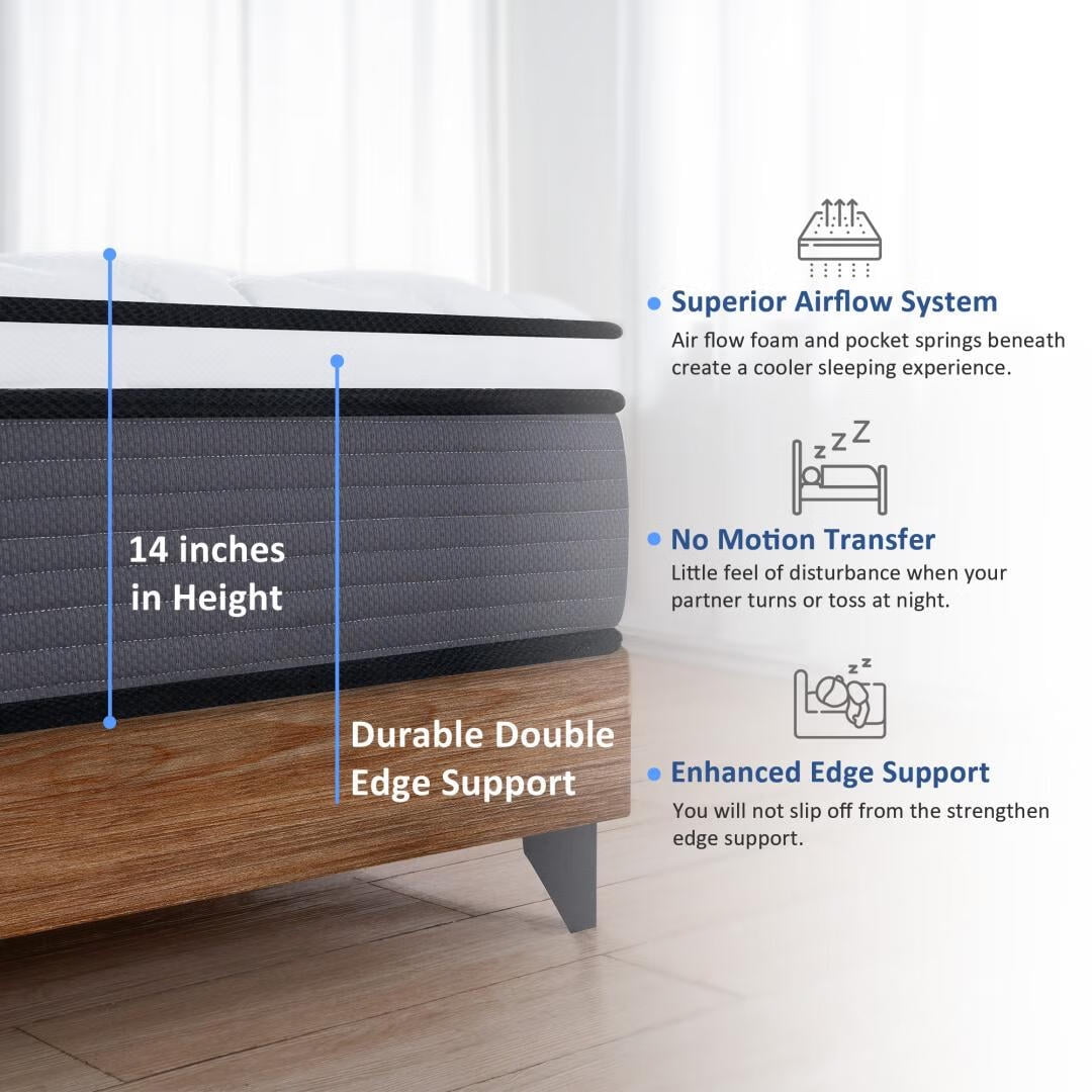 Queen Rose Queen Size 14 Inch Hybrid Mattress in a Box, Pocket Coils & Memory Foam, Medium Firm Pillow Top