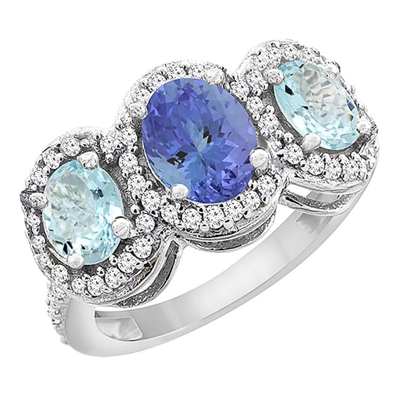 14K White Gold Natural Tanzanite & Aquamarine 3-Stone Ring Oval Diamond Accent, size 5