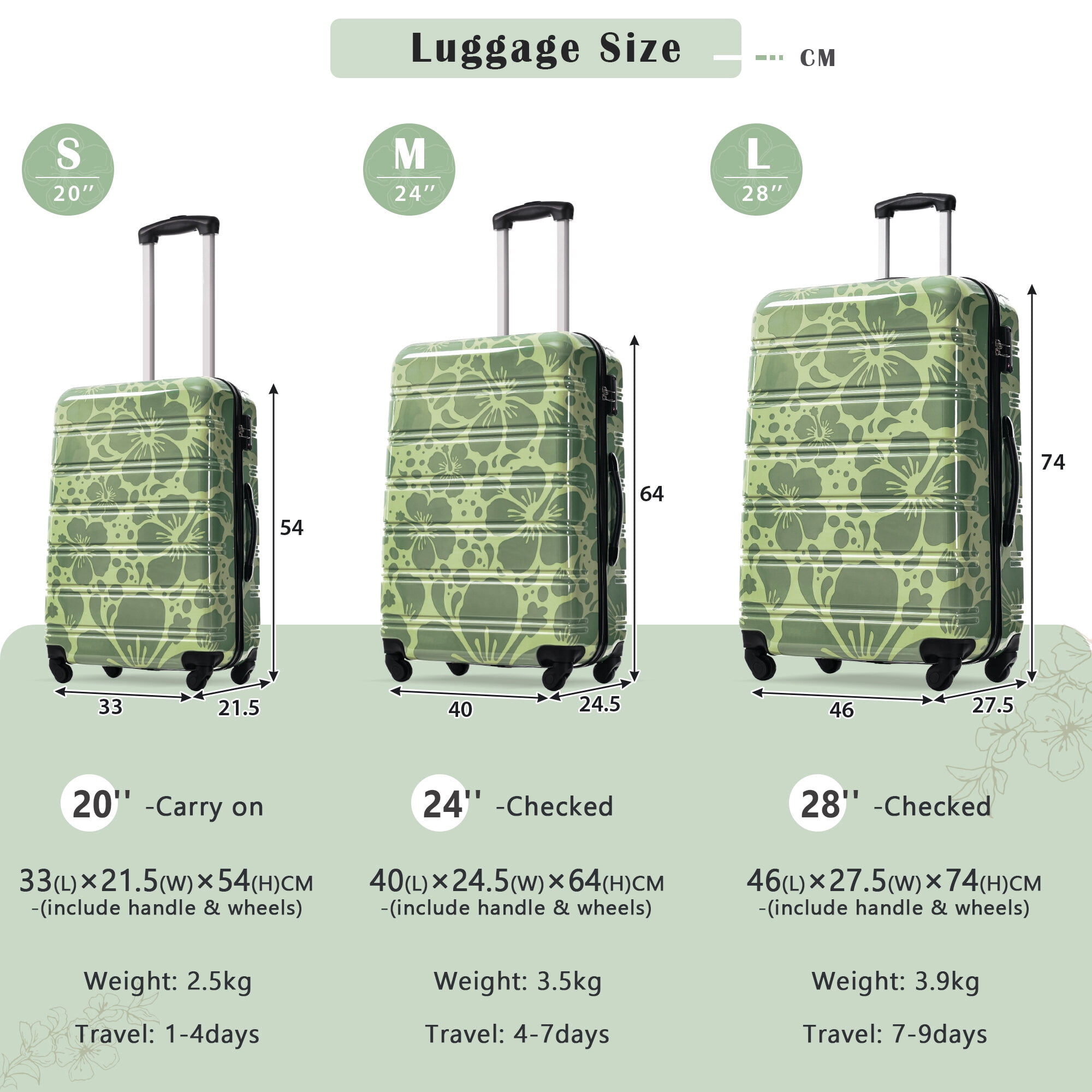Hardside Suitcase, Hardshell Luggage Sets 3 pcs Spinner Suitcase with TSA Lock Lightweight-20"+24"+28" Luggages, Green Hardside Luggage,Pc Hardside Checked Luggage, Travel Luggage Hard Case Luggage