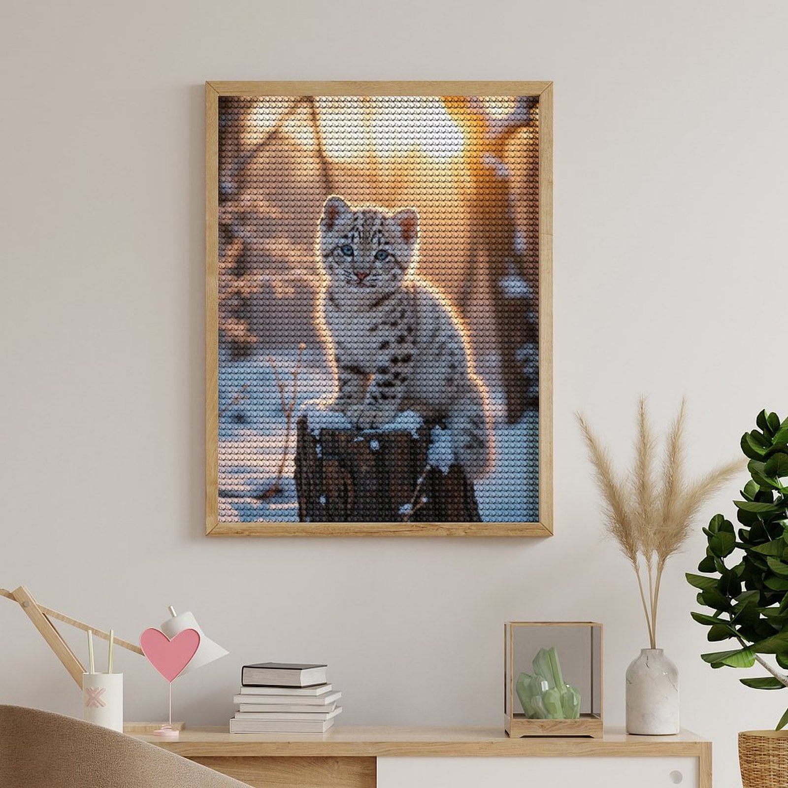 Diamond Art Kit for Adults, Snow Leopard Cub Winter Sunset Diamond Painting for Adults Beginners, 5D DIY Diamond Art Painting Kits, Colorful Diamond Painting Craft for Home Decor 12x16